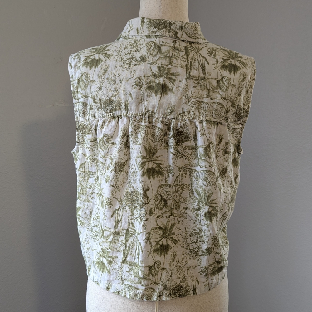 Rachel Zoe Linen Tiger Jungle Print Sleeveless Cropped Vest Cruise Vacation Top - Picture 5 of 10